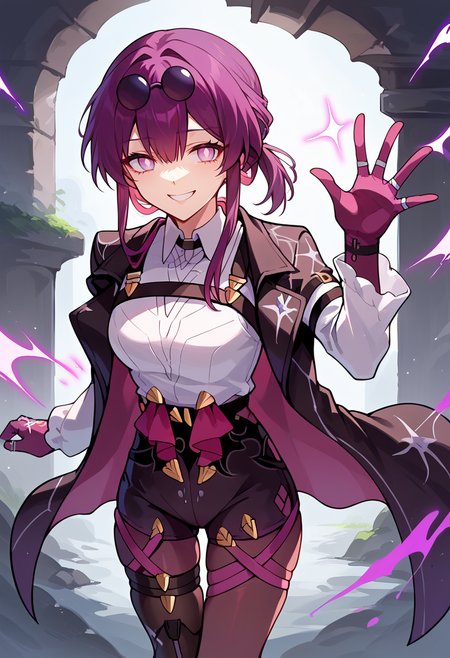 score_9, score_7_up, source_anime, solo, come hither, smile, cowboy shot,  BREAK  <lora:kafkahsr-ponyxl-bshi-v1:1> KafkaHSR, pince-nez, eyewear on head, purple hair, sidelocks, short ponytail, purple eyes, empty eyes, black jacket, white shirt, long sleeves, arm belt, chest harness, purple gloves, asymmetrical gloves, multiple rings, black shorts, high-waist shorts, purple pantyhose, thigh strap, black footwear, single thigh boot, single ankle boot