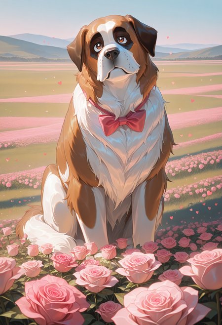 1 saint bernard, head tilt, pink rose, sitting, bowtie, field, (hearts0.5), soft colors, solo,
masterpiece, best quality, amazing quality, very aesthetic, absurdres,  newest, 