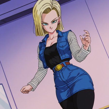 dbstyle, screencap, best quality, android_18, blonde hair, 1girl, solo, blue eyes, , blonde hair, shirt, blue eyes, belt, black leggings, cleavage, collarbone, denim, denim skirt, high-waist skirt, jewelry, long sleeves, pocket, shirt, shirt tucked in, skirt, striped, striped sleeves, blue denim waistcoat, thick thighs, wide hips,
standing, looking at viewer, dynamic pose, swiping hair behind ear, smirk,