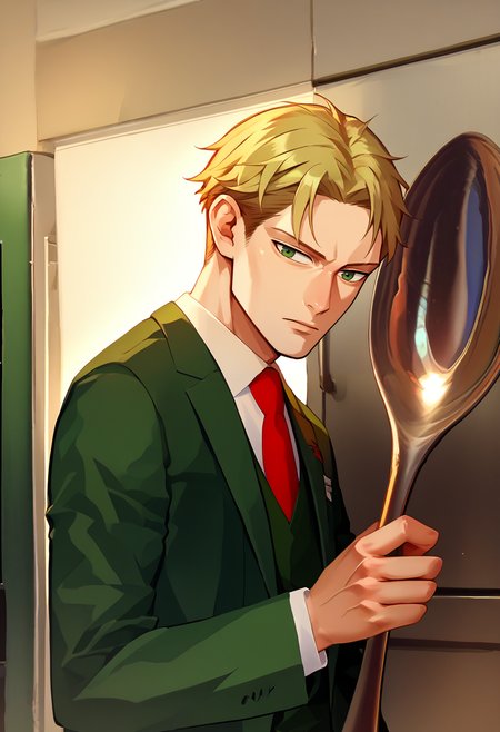 score_9, score_8_up, score_7_up, 1boy, loid forger, blonde hair, short hair, green eyes, collared shirt, red necktie, green jacket, white shirt, suit, formal, long sleeves, vest, <lora:LoidForgerTwilight_pdxl_Incrs_v1:1>, <lora:ComicallyLargeSpoon_XLPD:1>, ComicallyLargeSpoon
