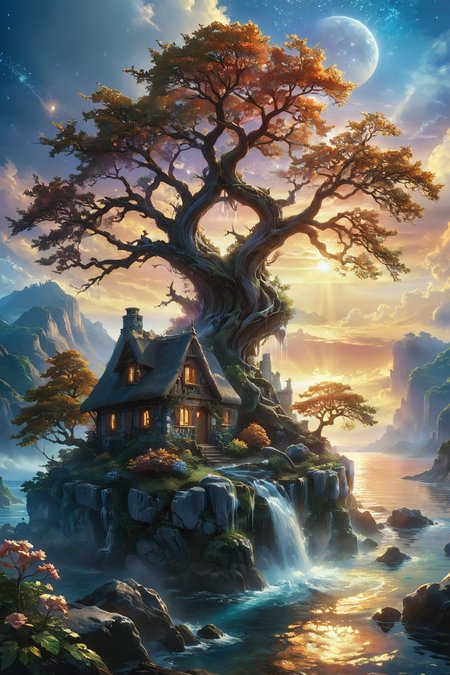 A stunning, hyper-realistic fantasy scene featuring a floating island with a quaint, rustic cottage and an ancient, majestic tree. A cascading waterfall flows gracefully from the island, creating a mystical and serene atmosphere. The sky above is a riot of colors, with vibrant hues blending seamlessly to enhance the ethereal quality of the scene. The intricate details of the tree's gnarled branches, the textured stones of the cottage, and the shimmering water droplets are meticulously rendered. The environment exudes a magical, dreamlike ambiance, making it feel like a paradise straight out of a fairytale. Fantasy, magical, hyper-realistic, detailed, vibrant, serene, ethereal, dreamlike, mystical, breathtaking. sunset, vibrant colors,
<lora:ral-mtclniscp-sdxl:0.7> ral-mtclniscp,
<lora:add-detail-xl:1.0>,
<lora:EnvyBetterHiresFixXL01:1.0>,
<lora:extremely_detailed:1.0>, extremely detailed,
<lora:EldritchMixIllustration_1.1:0.5>,
<lora:zavy-cntrst-sdxl:0.75> dark, chiaroscuro, low-key,
<lora:xl_floating:0.85> floating island, surreal,