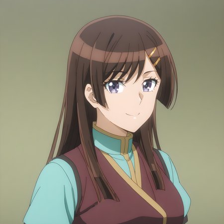 otonashi_hibiki, 1girl, solo, brown hair, purple eyes, brown hair, hair ornament, smile, hairclip, school uniform, smile, looking at viewer, <lora:Otonashi_Hibiki:1>
