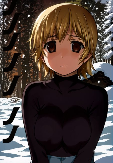 score_9, score_8_up, score_7_up, source_anime, 
,blond hair, , 1girl, brown eyes, nonopnxl, short hair, looking at viewer , over shoulder , face focus  , large breast, sad , empty eyes,
snow, forest ,  <lora:DetailedEyes_V3:1> <lora:tweak-detail-xl:1>  <lora:easynegative:1> <lora:H001PXL:1> color manga  , <lora:Nonocl_Nonomiya_Nononono-000007:1>
