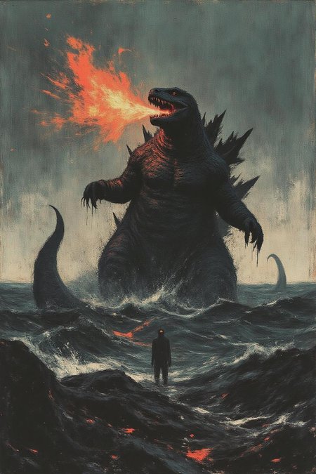 apoca1 illustration. 
Godzilla emerges from the sea, breathing fire <lora:apocalypse_now4_nocap_d4a2:1.0><lora:803186737498100998:0>