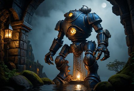 giant bipedal robot dirty slate blue and dark amber, bronze paisley robot. lacy robot diving helmet head. outside of a steampunk keep. large detailed torso. dark image. one forty foot tall ancient robot with great arms and two heavy spring legs. dark foggy night background. $dark foggy night image only. dark photo realistic image. steampunk details. cogs, chains and pipes incorporated in the fantasy buildings. magic wizards tower in background. Dark swamp, moss, castle ruins, wizards tower. stormy dark night.