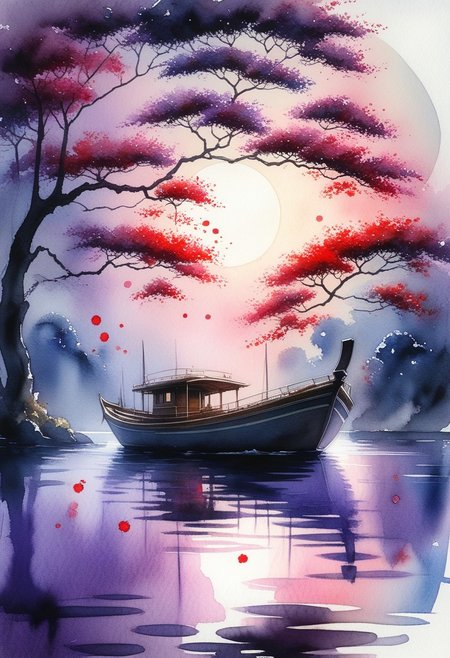Color Stripes, Watercolor Painting, A stunning Japanese inspired fantasy painting. Sillouette of a boat on the water. Full moon. purple tree. Falling petals swirl.  melancholic and serene atmosphere.  dramatic chiaroscuro lighting.  dramatic contrast between the cool background of deep blues and grays and the warm reds of the foliage. Work by Ivan Shishkin to Yoshitaka Amanos.
perfection style, vivid colors, colorful, vivid background, midjourneyv6.1, ral-wtrclr