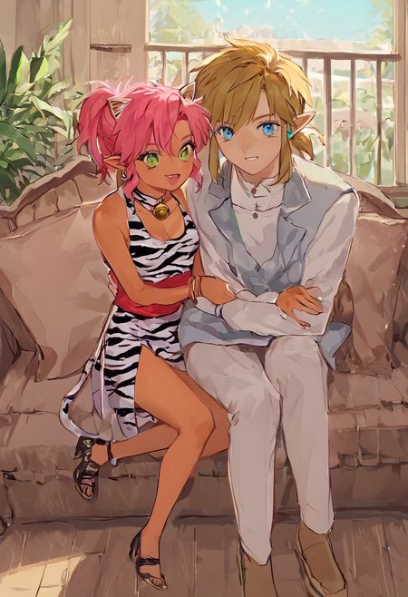score_9, score_8_up, score_7_up, score_6_up, 1990s_(Style), Anime_Coloring, masterpiece, source_anime screenshot, duo, 2 girls, 1 boy, vivid colors, anime style, cartoon anime, source_anime, high-res, beautiful aesthetic, very intricate, high-quality details, vibrant, highly detailed, award-winning, professional, sleek and shiny, <lora:pink-ponyxl-v2:1>, single fang showing, sleeveless dress, white tiger print dress, pelvic curtain, cleavage, white cat ears, cat bell necklace, bright pink hair, tanned, white tiger tail, red sash, small breasts, leather shoes, detailed eyes, green eyes, detailed face, pink looking lonely, BREAK score_9, score_8_up, score_7_up, score_6_up, Masterpiece, source_anime, anime style, 1 girl, 1 boy, vivid colors, high-res, beautiful aesthetic, very intricate, high-quality details, vibrant, highly detailed, award-winning, professional, <lora:link:1> link1, link, pointy ears, blonde hair, blue eyes, medium hair, side locks, earrings, short ponytail, blue hylian tunic, looking excited
Break
 In cozy cottage, near window, dark outside, in front of fireplace, on sofa, pink hugging stuffed link plushie, stuffed link toy hugged, hugging, stuffed link