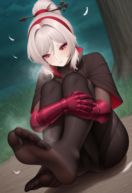 4riasensei,  outdoors, undershirt, falling feathers, black bodysuit, hair stick, hugging own legs, , gauntlets,   eyeshadow,   red gloves,  high ponytail,  , black capelet, red hairband, pink eyes, 1girl, solo, feet, visible breath,   dynamic angle, foreshortening, smell, steam,