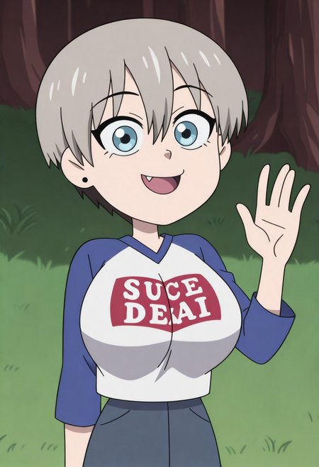 score_9, score_8_up, score_7_up, score_6_up, high resolution, gorgeous, absurdres, best quality, anime screencap, source_anime, official art, 1girl,  <lora:Hana_Uzaki_Uzaki-chan_Wants_to_Hang_Out_-_Illustrious_V2:1> outside, trees, grass, Hana sugoi dekai outfit, Hana Uzaki (character), uzaki hana, 1girl, huge breasts, solo, clothes writing, pantyhose, raglan sleeves, short hair, open mouth, romaji text, grey hair, blue eyes, looking at the viewer, fang, happy girl, :D, Hana Uzaki (character), uzaki hana, uzaki-chan wa asobitai!, 1girl, solo, short hair, gray hair, bangs, hair between eyes, blue eyes, ((tohstyle)), upper body view only, hand up, waving