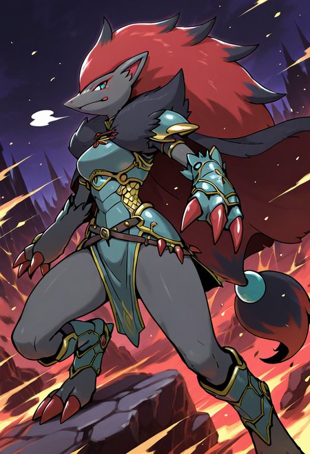 masterpiece, best quality, no humans,    <lora:ZoroarkPokedex_IXL_v1:1.0>,   zzZoroark, 1girl, solo, wild windswept hair, braided sides, fur-lined leather cape, heavy iron claw gauntlets, scale armor tunic, fur-trimmed boots, braided belt with bones, snowy battlefield, aurora overhead â Amid frost-covered bones, she roars skyward, iron claws flashing green beneath the northern lights. Her leather cape whips behind her as she charges into the storm, breath misting like a beast. The battle drum of ancient spirits echoes in her pulse as she strikes.