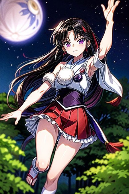 masterpiece,  best quality 1girl Setsun4 solo long hair,  (night time) forest background black hair very long hair purple eyes multicolored hair armor (fur trim) (medium body),<lora:EMS-179-EMS:0.800000>,<lora:EMS-293862-EMS:0.800000>ascot, bare shoulders, black footwear, detached sleeves, embellished costume, frills, japanese clothes, nontraditional miko, red skirt, sandals, sarashi, skirt, socks, white sleeves, white socks, wide sleeves, yellow ascot, zouri, armor, miko