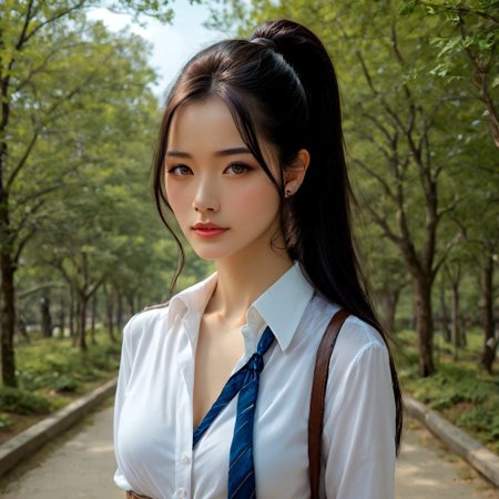 a stunning real medium breasts Korean woman with long, flowing dark hair, her piercing gaze directly addressing the viewer. score_9, score_8_up, score_7_up, 4k, high quality, (best quality:1.1), realistic, photorealistic, close-up, upper body, (ultra HD quality details), High Fashion, A highly detailed, realistic digital photo of a Korean woman 28yo with a pale complexion, emphasizing her enigmatic and mystical aura,, high resolution, rich textures, and contemplative mood. Her eyes are a deep piercing and  brown, dynamic, dramatic, haute couture, elegant, ornate clothing, dark straight hair with a few loose strands framing her face, against a cyan gradient background, Realistic photograph, Movie light, film grain, necktie, skirt, ponytail, school uniform, shirt, looking at viewer, outdoors, white shirt, blue skirt, tree, cosplay, belt,