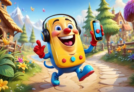Picture a cheerful cartoon Nokia push-button phone skipping along the path on short legs, laughing merrily, singing a song, merrily waving his hands in multi-colored gloves. Beautiful, shiny, splashing with joy and fun.