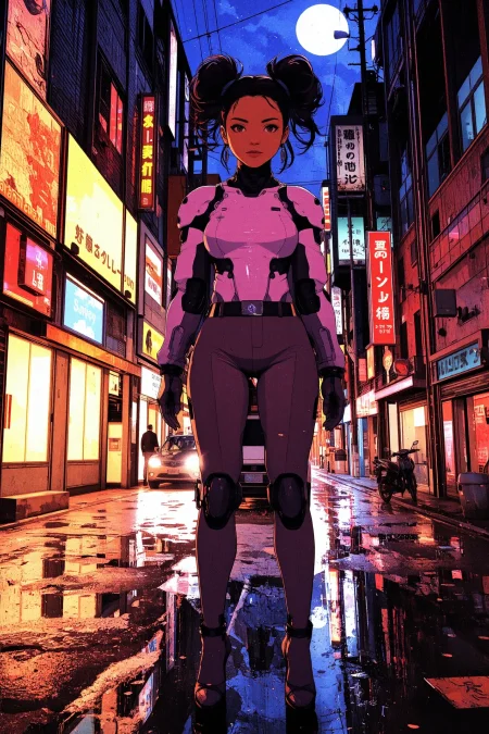Kenyan updo hairstyle brown hair (young woman), anime, illustration, cyberpunk, futuristic, (extremely detailed), (portrait), (standing:1.3), (happy smile), (beautiful cyberpunk tokyo buildings landscape), wet floor, windows, motorbike, car, moon in the sky, (bright neon lights), screen holograms, kanjis, raytracing, hdr, high contrast, ethereal cinematic lights, backlight, reflections, (legs), heels, (sharp focus), luminous Blush Pink robot glossy brilliant armor, body lights, body circuits, glossy lipstick, necklace, wire earrings, colorful, retrowave, shadows, vibrant colors, pretty, beautiful, feminine, sexy, lovely, in love, adorable, fashion,  <lora:Hand v2:1> <lora:Anti-Blur:1> <lora:RetroAnimeFluxV1:0.4> <lora:CPA:0.8> <lora:Luminous_Shadowscape:0.4>