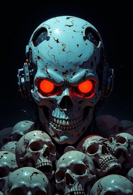 A menacing cyborg skull with glowing red eyes, featuring a mix of metallic and glossy plastic components, grins atop a pile of decaying human skulls. The plastic elements are sleek and synthetic, contrasting sharply with the decayed organic skulls below. The flickering light reflects off both the plastic and metal parts, enhancing the cold, calculated evil of the skull. The dark, shadowy background adds to the sense of dread and sci-fi horror. (cinematic lighting, horror sci-fi themes)
anime_martz, anime_source, DB4RZ, DB4RZ style painting, anime, cyberpunk