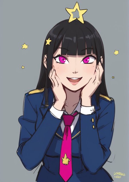 (1girl,zPDXL3),aged up, alternate hairstyle, artist name, black hair, blunt bangs, dated, fingernails, hair down, hands on own face, long hair, long sleeves, looking at viewer, necktie, open mouth, pink eyes, s.o.n.g. uniform, solo, star (symbol), uniform  <lora:kenno_arkkan:1> kenno arkkan