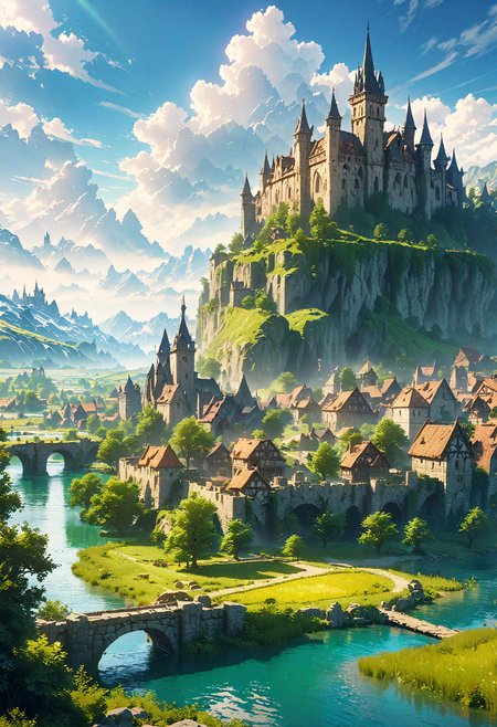 detailed landscape, medieval town on a small island in the middle of a lake with a castle, fantasy landscape, rpg, long stone bridge, beautiful trees, blue sky and clouds, sunny, green plains far away, mountains far away, long shot, cgi, cinematic, masterpiece, best quality, very aesthetic, absurdres, <lora:add-detail-xl:1>,  <lora:MJ52:0.25>,  <lora:SDXLFaeTastic2400:0.7>,