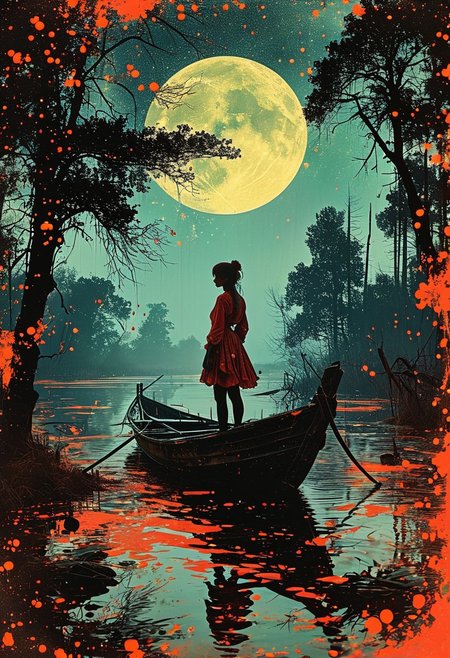 linquivera,  Ink illustration, (anime:0.5), brown tones, aged black red paper, inkpunk, moonlight,surreal, a ghost standing on a boat in swampy wetlands, (at a distance), Will-o'-the-wisp, moonlit, lonely, solitude, windy, tall trees, willows, willowy,  OverallDetail, extremely detailed, UHD,(long exposure , dystopian but extremely beautiful:1.4),<lora:- SDXL - letitflrsh_let_it_flourish_V1.0:0.8> ,<lora:Cute_Collectible:1>, <lora:XL_boss_battle:0.6>  <lora:add-detail-xl:1>,  <lora:Concept Art Twilight Style SDXL_LoRA_Pony Diffusion V6 XL:1>,  <lora:MJ52:1> (in the style of Frank Frazetta painting) Dean Cornwell, design, 1970s, Russian Constructivist style, double exposure, volumetric lighting, expressive, ancient starchart, ink spattered background, warm colors, space, art deco, splatter, Japanese Woodblock print, planar rectilinear shapes, extreme energy, dynamic posing, Dutch angle, black, Crimson<lora:xl_more_art-full_v1:0.3>