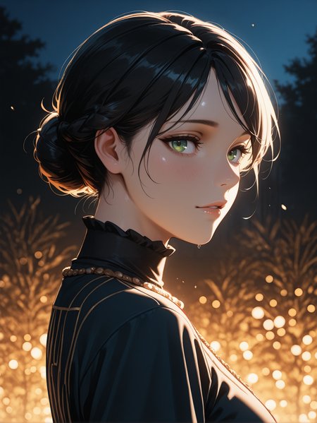 masterpiece, best quality, amazing quality, very aesthetic, absurdres, newest, 
<lora:ILW3Iris:1.0>
W3Iris, 1girl, black hair, green eyes, hair bun, looking at viewer, golden hour glow, natural shadows, realstic background, depth of fields,cinematic lighting,indoor,night,ancient mesopotamia, dynamic motion, harmonious facial expression,from side,looking away,upper body