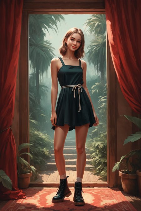 digital painting by Guweiz  and Alena Aenami in the style of Terry Redlin of a cute fit 18 year old model, cinematic fashion shot, full body length <lora:EnvyStudioPortraitXL01:0.35>