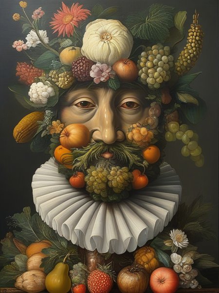 masterpiece,best quality,oil painting,illustration,bear,style of Giuseppe Arcimboldo,fruits,vegetables,flowers,fish and books,<lora:tbh108-sdxl:0.9>,