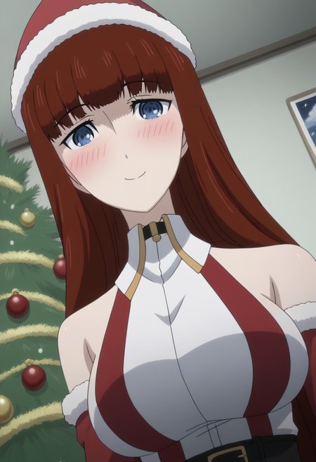 rating_safe, Ultra-high-detailed Anime illustration of Kagari Shiina from Anime Steins;Gate 0. The artwork features Kagari in a solo, face focus, upper body, standing position with a intdoors, indoors, living room with Christmas atmosphere. Gorgeous Christmas tree in background. Night Time..
She is depicted with intricate details showcasing her large breasts, natural_breasts. She is a white skinned, 22 years old woman. Kagari is looking_at_viewer with perfect_eyes, Her pupils are highly detailed. The eyes are open. blue eyes. Kagari's eyes are highlighted. Highlighted eyevrows. 
She has long hair, red colored hair, styled in blunt bangs and floating hair. 
She is wearing a black choker and a Santa dress, strapless crop top, sleevless crop top with bare shoulders.
She is wearing a Santa Hat and red skirt, red pencil skirt with black belt.
The artistic style is intricate_details_xl with a focus on Anime art. The color palette emphasizes red and black with detailed strokes to bring out the character's features. The lighting creates dramatic shadows and highlights, adding depth to the artwork. The perspective is from a face focus, dutch angle to enhance the impact of the character's expression. This masterpiece is a true portrayal of Kagari's complex personality and will captivate any fan of Kagari. uncensored, upper body, blushing, smile, Kagari Shiina, perfecteyes
<lora:Steins_Gate:1>
