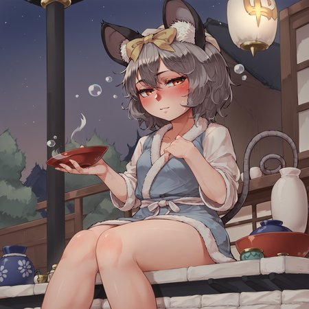 score_9,score_8_up,score_7_up,source_anime, 
1girl, solo, nazrin, bathrobe, towel on head, sitting, porch, sake dish, blush drunk, geta, night, looking at viewer, feet out of frame,