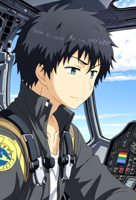 high resolution, solo, best quality, 1Boy, Arata Kaizaki, Black Hair, Pilot, Cockpit, OverallDetail
