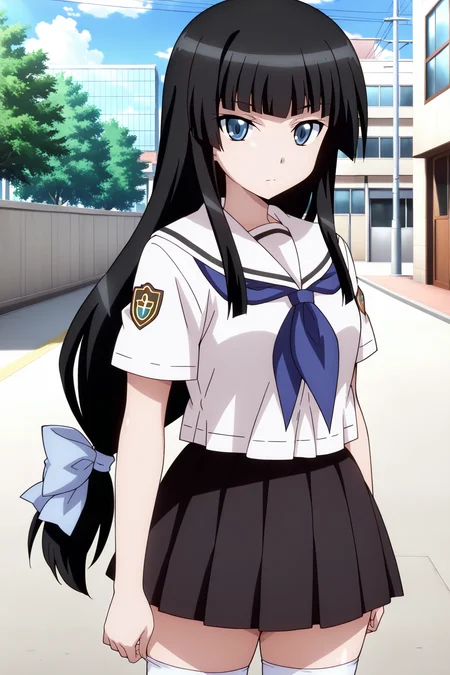 anime screenshot, ben-tou, 1girl, solo, shiraume ume, black hair, long hair, hime cut, blunt bangs, low-tied long hair, blue eyes, medium breasts, school uniform, serafuku, white shirt, short sleeves, white sailor collar, black skirt, pleated skirt, blue neckerchief, white thighhighs, looking at viewer, cowboy shot, outdoors, masterpiece, best quality, high quality, highres, absurdres,  <lora:shiraume_ume_ILXL:0.9>