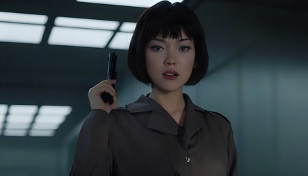 Motoko Kusanagi in Blade Runner 1982, neo noir, cyberpunk, cinema still medium shot 8k, wearing school uniform