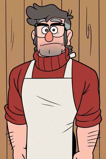 masterpiece, best quality, highres, extremely aesthetic, toon \(style\), stanford pines, 1boy, solo, male focus, mature male, muscular male, old man, short hair, grey hair, two-tone hair, brown eyes, thick eyebrows, glasses, black-framed eyewear, facial hair, stubble, long sideburns, looking at viewer, white apron, red turtleneck sweater, sleeves rolled up, sparse arm hair, arm hair, black pants, standing, cowboy shot, indoors, wooden wall <lora:Stanford (Ford) Pines - Gravity Falls v1.0 MIX [LoRA] - NoobAI-XL EPS 1.0:0.8>