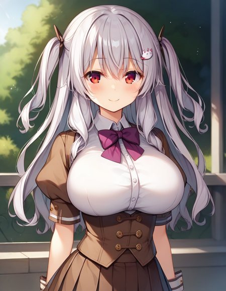 score_9,score_8_up,score_7_up,score_6_up BREAK official art,solo,outdoors,upper body,(portrait:1.5),looking at viewer,facing viewer,smile,blush,Himegishi Neneko,long hair,white hair,wavy hair,two side up,hairclip,rabbit hair ornament,sidelocks,hair between eyes,bangs,red eyes,school uniform,purple bowtie,brown vest,white shirt,collared shirt,puffy short sleeves,large breasts,underbust,framed breasts,impossible clothes,skindentation,corset,miniskirt,brown skirt,pleated skirt,frilled skirt,zettai ryouiki,white thighhighs,loafers,<lora:Himegishi Neneko(n jk l)-Pony:1.1>,