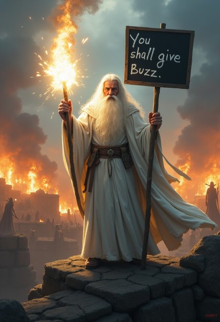 Photo of Gandalf the White standing boldly on the battlements of Minas Tirith, his white robes and cloak flowing in the wind. His staff blazes with radiant light, cutting through the darkness of the battlefield.  He is looking at the viewer extremely angry.
He holds a black sign with white chalk letters saying"You shall give Buzz".
Around him, chaos reigns—Orcs swarm, fires rage, and the sky is filled with dark clouds. Gandalf’s eyes burn with fierce determination as he raises his staff, emitting a blinding light that pushes back the shadows. The scene captures the epic clash of light against darkness, highlighting Gandalf’s heroic presence as a beacon of hope in the midst of war.