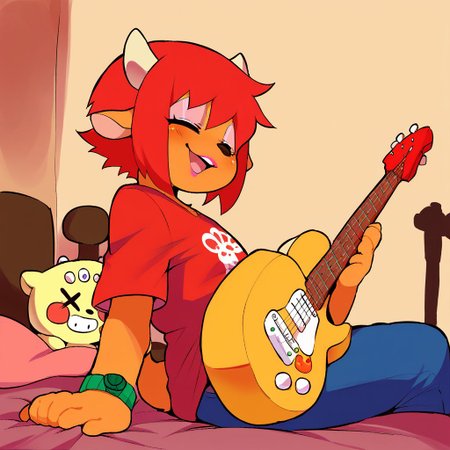 score_9, score_8_up, score_7_up, (by oughta, by dagasi), 1girl, Lammy,  Red hair, orange fur, short hair, anthro, horns, blue jeans, red T-shirt with white splat, pink lipstick, green watch, eyes closed, happy, sitting, playing guitar, yellow guitar, bedroom, <lora:Lammy:.8>