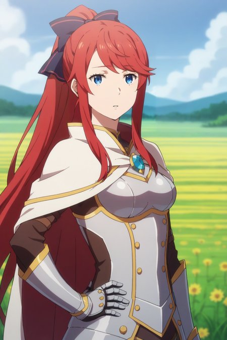score_9, score_8_up, score_7_up, source_anime, 1girl, prefect lighting, very aesthetic, intricate details, highly detailed background, masterpiece, high quality, prefect hands, best quality, solo,
<lora:Theresia_van_Astrea_ReZero_V1:.85>, KJOtheresia, red hair, blue eyes, long hair, swept bangs, ponytail, hair bow, 
armor, cape, 
expressionless, parted lips, hand on own hip, 
field, wind, 
(Beautiful, medium Breasts:1.2), natural breasts,