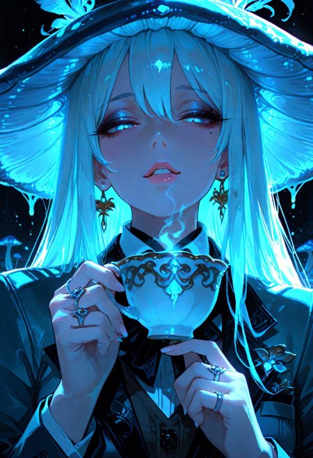masterpiece, best quality, hyper-realistic, ultra-HD, intricate textures, luminous lighting, cinematic ambiance, shimmering gradients, ethereal glow, deep contrast, soft volumetric fog, subtle particles, radiant reflections, rich color tones, seductive atmosphere, captivating sensuality, Cinematic Lighting,Shadow,backlit, backlighting, 
BREAK
plump glossy lips, flushed cheeks, alluring expression,
BREAK
raytracing, volumetric lighting, ambient occlusion, shimmering particles in the air, intricate cinematic background,intimate and seductive, crafted to captivate and seduce.
BREAK
(sexy, slutty, hot, aroused)
Mad Hatter, mushroom hat, teacup, suit, blue theme,
BREAK
long_hair, looking_at_viewer, holding, jewelry, half_closed_eyes, earrings, parted_lips, finger nails, eyelashes, lips, mole_under_eye, makeup, ring, close-up, stud_earrings, mascara,