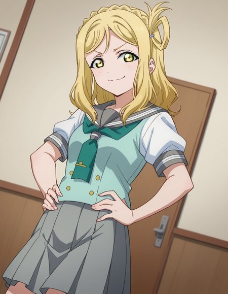 score_9, score_8_up, score_7_up, source_anime, <lora:mari-ohara-s2-ponyxl-lora-nochekaiser:1>, mari ohara, long hair, bangs, blonde hair, hair ornament, yellow eyes, braid, medium hair, hair rings, crown braid,, skirt, school uniform, short sleeves, pleated skirt, serafuku, socks, neckerchief, kneehighs, black socks, green neckerchief, grey skirt, uranohoshi school uniform,, indoors, smug, smile, looking at viewer, solo, hands on hips,, cowboy shot, dutch angle
