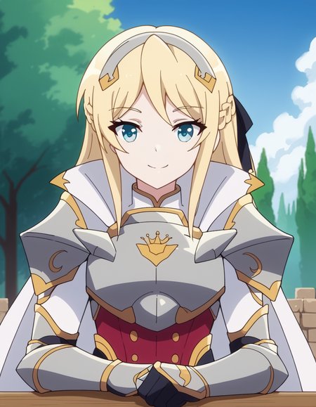 score_9, score_8_up, score_7_up, source_anime, <lora:hildegard-minas-lestia-s2-ponyxl-lora-nochekaiser:1>, hildegard minas lestia, long hair, blue eyes, blonde hair, braid, french braid,, thighhighs, cape, armor, shoulder armor, breastplate, gauntlets,, bike ride, countryside, dirt road, trees, afternoon sun, peaceful, alone, smile, sitting, elbow rest, table,, looking at viewer, solo,, dutch angle, cowboy shot