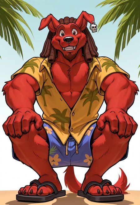 masterpiece, ultra detailed, amazing quality, absurdres, very aesthetic, no humans, solo focus, male focus, furry male, 1boy, from below, 
d_w0lf_mon, red fur, red body, body fur, elbow tuft, brown hair, dreadlocks, brown eyes, long snout, black nose, single earring, skull earring, smile, fangs, looking at viewer, grin, teeth, wide-eyed, facial hair, chin tuft, wrinkles, mature male, droopy ears, muscular, chest tuft, pectoral cleavage, yellow shirt, collared shirt, hawaiian shirt, palm tree print, short sleeves, partially unbuttoned, blue shorts, swimming trunks, floral print shorts, leaning forward, squatting, looking down,, finger claws, tail, sandals, toe claws, perfect hands, perfect feet, 5 fingers, 4 toes, looming, low-angle view, outstretched arm, reaching towards viewer, hand on own knee, 
BREAK 
simple background, gradient background, perfect lighting, shadow,