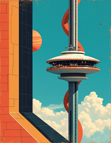 abstract art by Hans Hofmann and Paula Scher, A detailed digital illustration of a space elevator in motion, featuring a surreal fusion of architecture and nature. The focus is on the intricate design of the elevator, with a clear blue sky and a distant planet forming an enigmatic loop in the middle of the frame, while the absence of human figures makes the detail of the structure more abstract., Abstract expressionist painting, bold colors, dynamic compositions, exploration of form and space, postmodernism, typography, map design, bold colors, graphic simplicity, playful