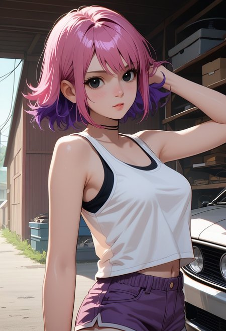 zPDXL3, score_9, score_8_up, score_7_up, score_6_up, score_5_up, score_4_up, 
1girl, medium breasts, 
tank top, shorts, skindentation, 
garage, 
ramona flowers, two-tone hair, pink hair, purple hair, black eyes, spramona,