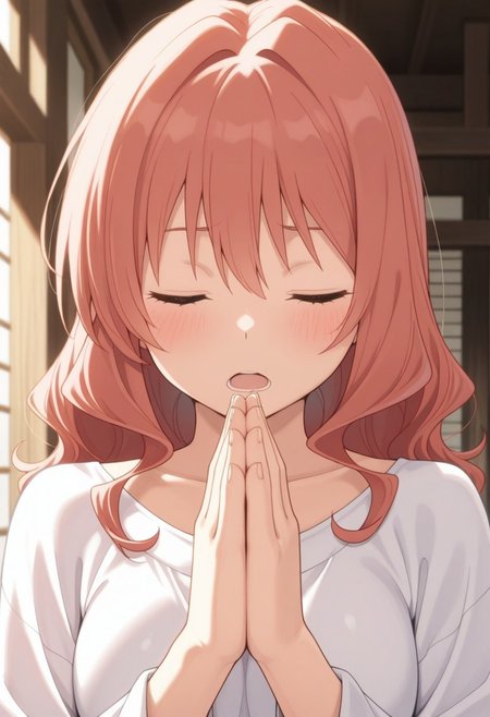 masterpiece,best quality,amazing quality, yuna amagami, coral hair, long hair, red eyes, 1girl, closed eyes, solo, blush, open mouth, praying, own hands together, hair down