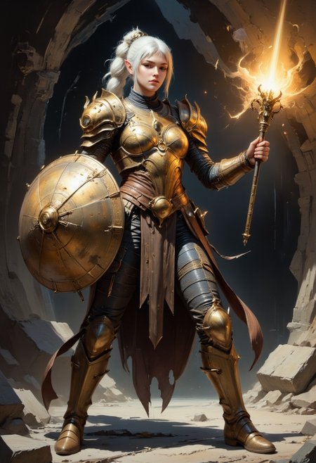 detailed photorealistic image, Sh4d0wh34rt , wearing armour with fine gold engravings, white hair, holding glowing radiant mace with her right arm, with left arm she is holding a decorated shield with moon engraving, dynamic pose, fantasy cave in backround, dark contrast ,(oil painting), in (ukiyo-e style:0.8), (by Edgar Degas:1.1), (by Pierre-Auguste Renoir:0.7), (by Claude Monet), (by Vincent Van Gough:1.2) ,  directional lighting, masterpiece, perfect composition, perfect hands  <lora:ARTifacts:0.8> ,