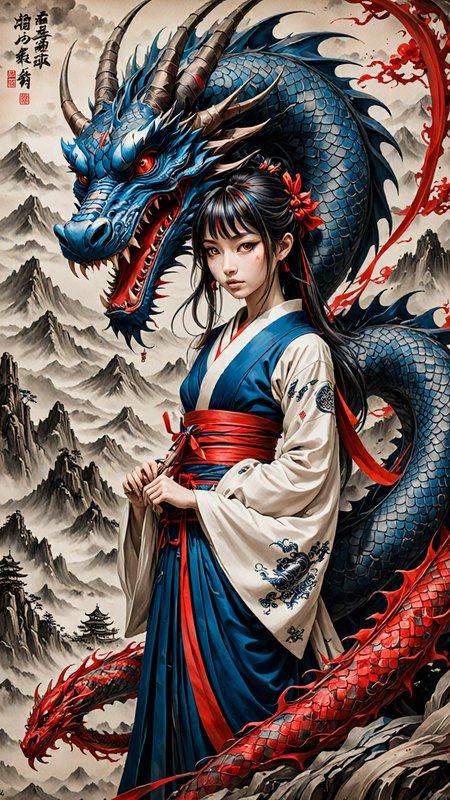 (ULTIMATE Japanese style, INK WASH). on parchment,  Black and White, dragon girl, mountains, (japanese Writing in Red and Blue), trending on ArtStation , intricate details, masterpiece, best quality, (Use Dream Diffusion Secret Prompt), (Epic), <lora:3D_Framed_Wall_Art_-_By_DICE:0.6>, (Framed Dragon), UHD
