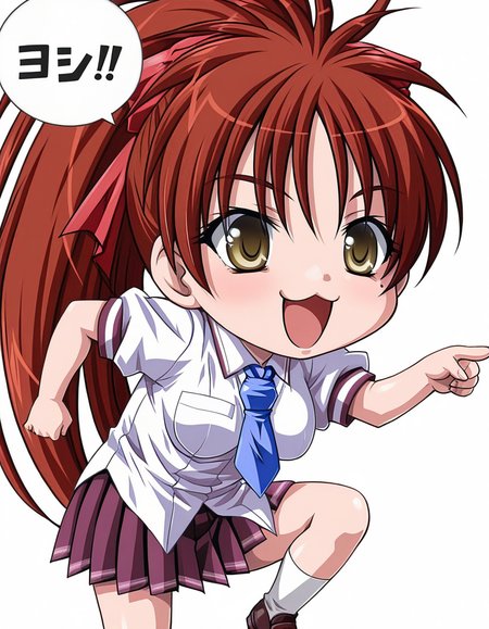 masterpiece, best quality, amazing quality, very aesthetic, absurdres, official art, ultra detailed,
1girl, solo, koume_kaede, red hair, long hair, ponytail, hair ribbon, yellow eyes, mole under eye BREAK
school uniform, necktie, pleated skirt, untucked shirt, 
 :o, smile, genba_neko,chibi,pointing,standing on one leg,:3,open mouth,meme,parody, speech bubble, simple background, white background <lora:genba_neko_like_v2:1>
<lora:koume kaede v1.00-000019:1>