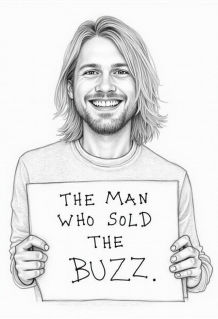 Pencil sketch of Kurt Cobain grinning and holding a sign that says "The Man Who Sold The Buzz"