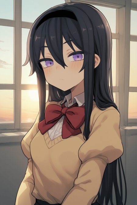 score_9, score_8_up, score_7_up, score_6_up, score_5_up, score_4_up, source_anime, <lora: Deadflow_Style:1>,  deadflow style, akemi homura, 1 girl, black hair, (purple eyes:1.2), mitakihara school uniform, long sleeves, black hairband, sunset, evening, window, puffy sleeves, juliet sleeves, bowtie, red bowtie, bangs, hair between eyes, shirt, collared shirt, very long hair, yellow sweater, looking at viewer, emotionless, small breasts, indoors