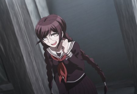 (((solo))), masterpiece, best quality, very aesthetic,  modern, modern anime,  newest, absurdres, highres, waist shot , loving expression  , (((solo))),danganronpa_(series),<lora:Toko_Fukawa_Illustrious:1>,  This is an anime screencap from Danganronpa 3. Toko Fukawa sits in the school courtyard, peeking over the top of a massive dictionary she's hiding behind. Her eyes follow Byakuya as he walks past, while her hand automatically writes in her notebook without looking, the pages filling with lovestruck poetry.  Toko Fukawa wearing her uniform from Danganronpa 1. She has long dark purple hair in two braids, gray eyes and large round glasses. Her large, dark grey glasses are slightly crooked at an angle. Her uniform is a dark purple Japanese school uniform. The uniform has long sleeves, a collared shirt with a red ribbon and a long skirt with the school crest on the upper left sleeve.  A red ribbon is tied around the collar of her shirt.
