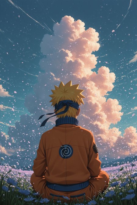 masterpiece, best quality, anime coloring,
1boy, uzumaki naruto, solo, spiked hair, yellow hair, loose hair strand, blue headband, orange jacket, blue trim, high collar, long sleeves, orange pants, arrmband, uzumaki symbol,
from behind, butterfly sitting, hands on knees,
flower field, grassy, meadow, open field, nature, wildflowers, floating flower petals, flower petals, floating petals, wind,
blue sky, fluffy clouds,
scenic background, colorful, backlight, bright lighting, depth of field,