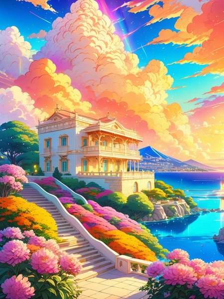 best quality, hdr, hd, cel shading, illustration, masterpiece, vibrant crystalline city, terraces, foreground greek villa, studio ghibli, matte painting, beautiful nature landscape, art by rhads, trending on artstation, golden hour, cel shading, breathtaking colorful clouds, stars, streaks, makoto shinkai, latex textures, postcard, synthwave colors, foreground wildflowers, supercell
 <lora:last:1.2>